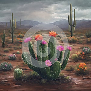 Painting of a desert scene with cactus and flowers.