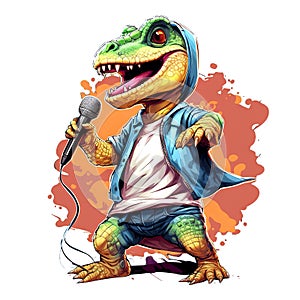 Painting of dinosaur holding a microphone on a clean background, Png for Sublimation Printing, T-shirt Design Clipart, DTF DTG