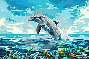 A painting of a dolphin leaping out of polluted waters with plastic bottles,illustration in comic style