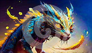 Painting of dragon with yellow eyes and yellow wings on it& x27;s head. Generative AI