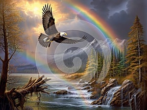 A painting of an eagle flying over a rainbow generative AI photo