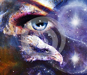 Painting eagle with woman eye on abstract background and Yin Yang Symbol in space with stars. Wings to fly.