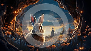 Painting of Easter bunny in the night. Generative Ai