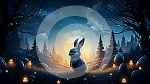 Painting of Easter bunny in the night. Generative Ai
