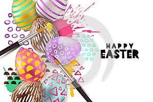Painting Easter eggs vector illustration. 3d decorative egg on watercolor splashes background. Art and craft concept.