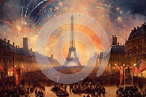 A painting of eiffel tower with fireworks in the background. Bastille Day French National Day La Ft AI generation