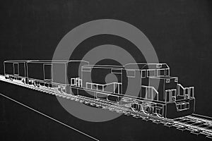 Painting of an electric train with white chalk on a dark chalkboard