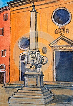 Painting of Elephant and Obelisk on Piazza della Minerva in Rome photo
