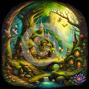 A painting of a fairy village in the woods, magical village, fantasy village, faery palace.