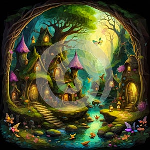 A painting of a fairy village in the woods, magical village, fantasy village, faery palace.