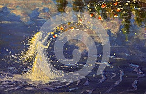 painting Fairy woman, shamanic girl, white angel creates magic love on the water illustration