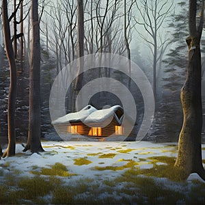 painting of a fairytale cottage in snow covered winter woodland illuminated at twilight