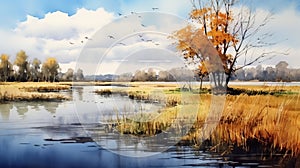 Painting Fall With Marshes, Trees And Birds In Photo-realistic Watercolor