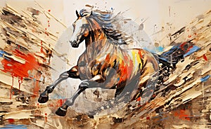 A painting with a fast-galloping, impetuous horse, splashes of paint