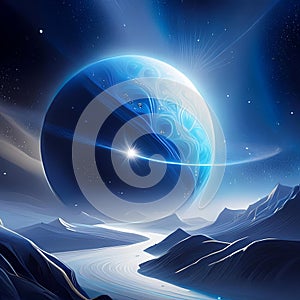 Painting featuring blue planet with mountains in background, using blue light and white colors