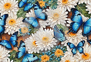 Painting featuring blue tropical butterflies restin white chrysanthemum flowers, created oil paints