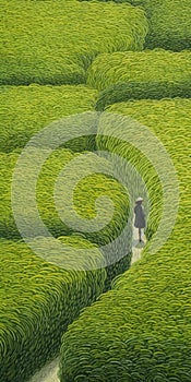 Endless Lawn: A Surrealistic Painting Of A Woman Walking Through Green photo