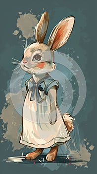 A painting featuring a rabbit dressed in a bright dress. Generative AI