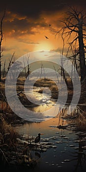 Hyper-realistic Sunset Landscape Illustration With Wetland photo