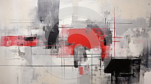 Red And Black Abstract Painting With Gray Squares Of Art