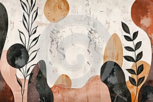 Painting featuring trees, rocks on wall, nature-inspired design with organic shapes, A nature-inspired design with organic shapes photo