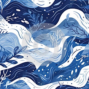 A painting featuring trees and water, predominately in shades of blue and white Concept of World Water Day, pattern