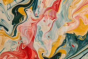 A painting featuring various colors and shapes blended in a marbled pattern, A marbled paper texture with swirls of color blending