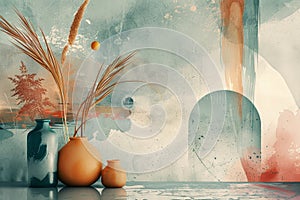 A painting featuring vases and a mirror on a table, showcasing nature-inspired designs and organic shapes, A nature-inspired photo