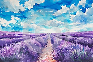 A painting of a field of lavender with a blue sky in the background