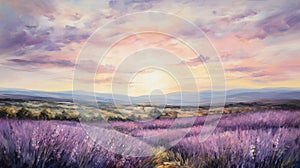 Painting of a field of lavender at sunset