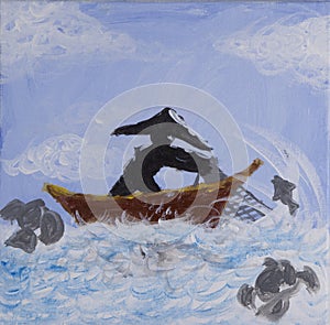 Painting of fisherman casting fishing net on acrylic