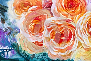Painting flora art watercolor original illustration orange,red color of roses.