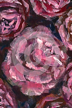 Oil painting close-up flower. Big red violet flowers rose peony closeup macro on canvas. Modern Impressionism.