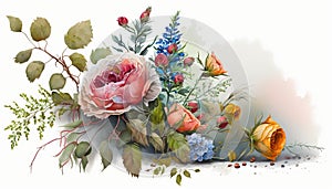 a painting of flowers and leaves on a white background with a watercolor effec