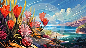A painting of flowers and rocks by the ocean, AI