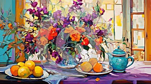 Extravagant Table Setting: Orange Vase And Flowers On Blue Background