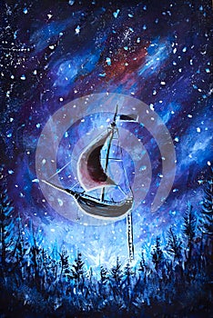 Painting Flying an old pirate ship. Sea ship is flying above starry sky. A fairy tale, a dream. Peter Pan. Illustration. Postcard.