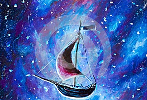Painting Flying an old pirate ship. Sea ship is flying above starry sky. A fairy tale, a dream. Peter Pan. Illustration. Postcard.