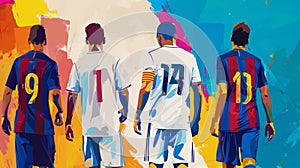 Painting of the football game El Clasico, colorful, bursting with the colors of both teams, white and gold, blue and maroon.