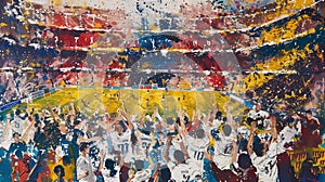 Painting of the football game El Clasico, colorful, bursting with the colors of both teams, white and gold, blue and maroon. photo