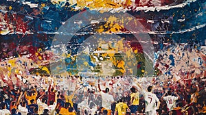 Painting of the football game El Clasico, colorful, bursting with the colors of both teams, white and gold, blue and maroon. photo