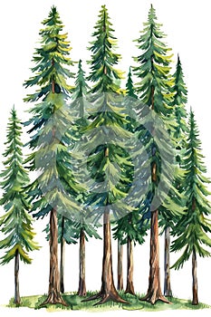 A painting of a forest with a row of tall trees