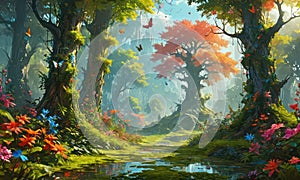 A painting of a forest with a tree in the center and a butterfly flying around it.