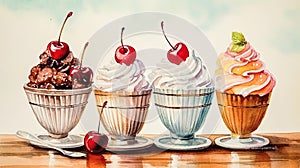 A painting of four different types of ice cream in four different colored bowls