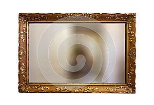 Painting frame isolated on white wall. Golden antique ornate, floral pattern classic photo frame