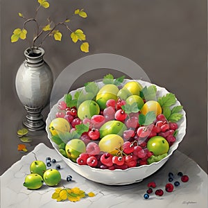 A painting of fresh fruits with a vase of flower in artistic, wallart design, printable, food