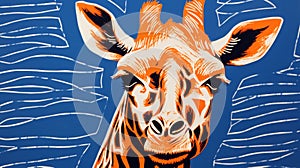 Bold Woodcut-inspired Giraffe Print On Blue Background photo