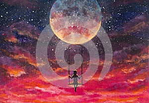 Painting Girl guy rides on swing in sky against background of beautiful purple pink sunset and starry sky