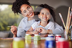 Painting, girl and mother bonding in creative art activity in home or house for school, learning and education project