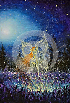 painting glowing night fairy girl butterfly in magical night forest
